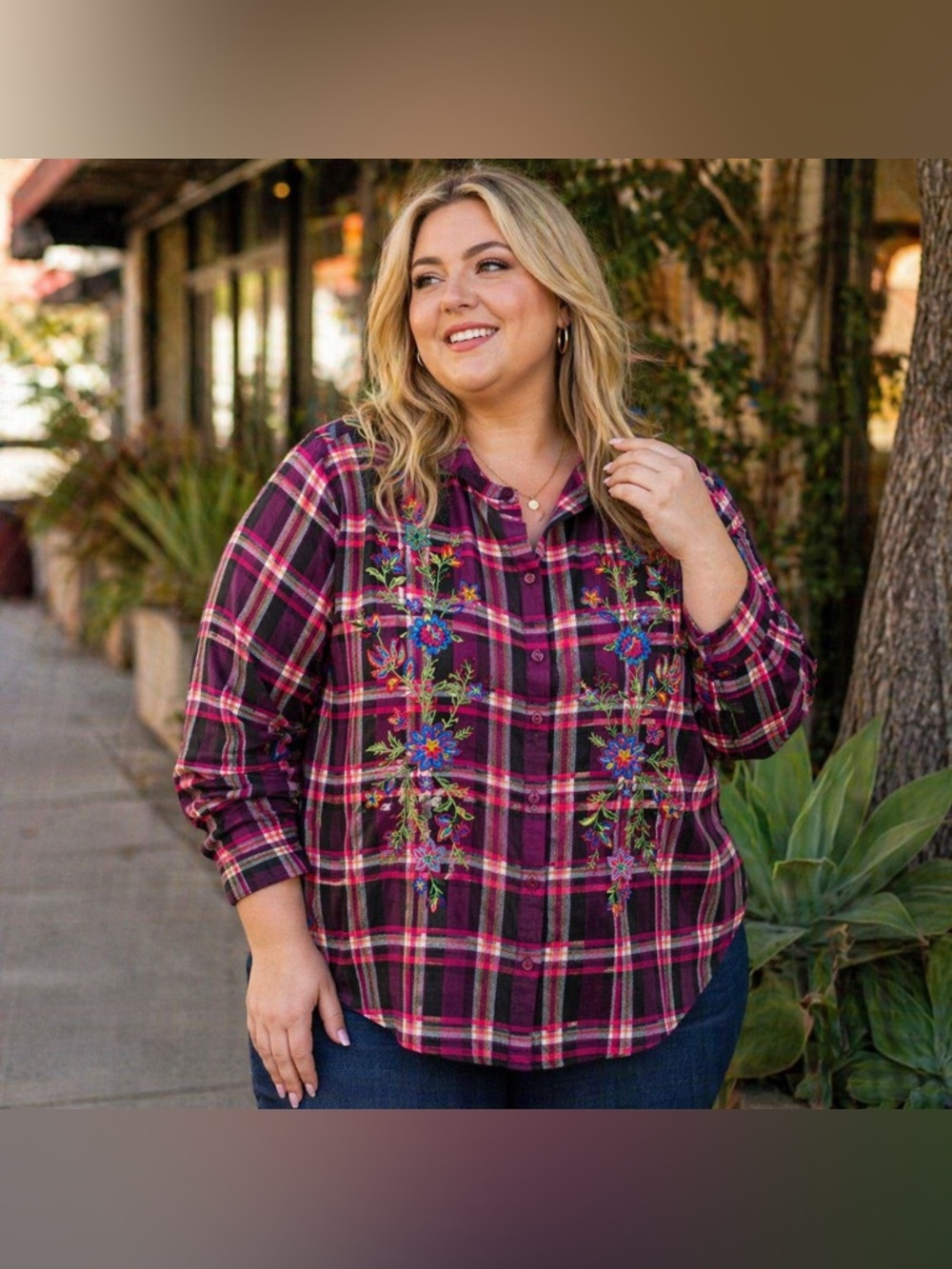 The Pioneer Woman Pink Plaid Embroidered Button-Down Shirt